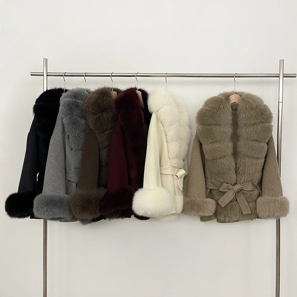 OFTBUY New Autumn Winter Top Clothes Big Real Fox Fur Pinnacle Woolen Coat Female Warm Natural Fox Fur Collar Wool Jacket Women