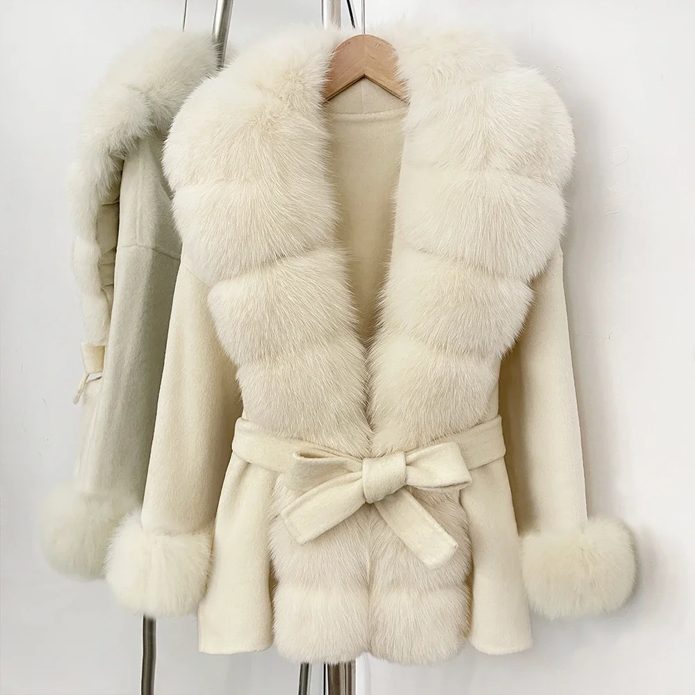 OFTBUY New Autumn Winter Top Clothes Big Real Fox Fur Pinnacle Woolen Coat Female Warm Natural Fox Fur Collar Wool Jacket Women