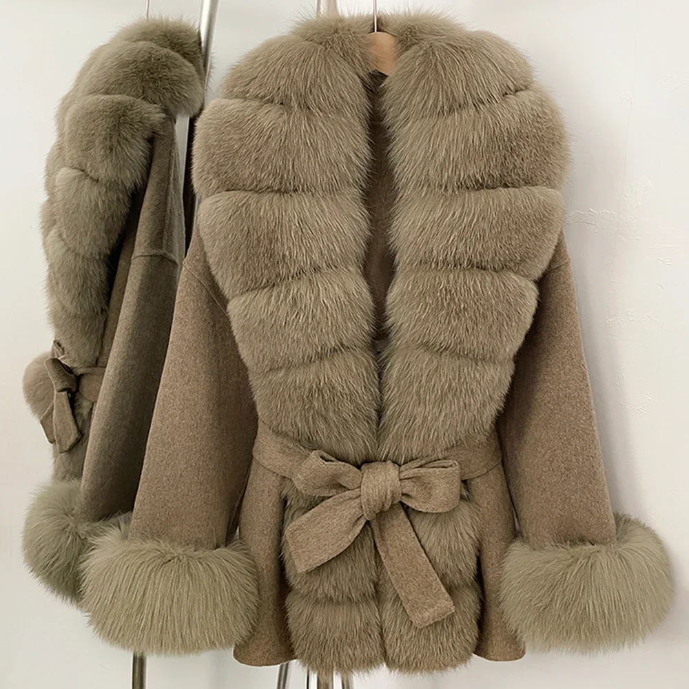 OFTBUY New Autumn Winter Top Clothes Big Real Fox Fur Pinnacle Woolen Coat Female Warm Natural Fox Fur Collar Wool Jacket Women