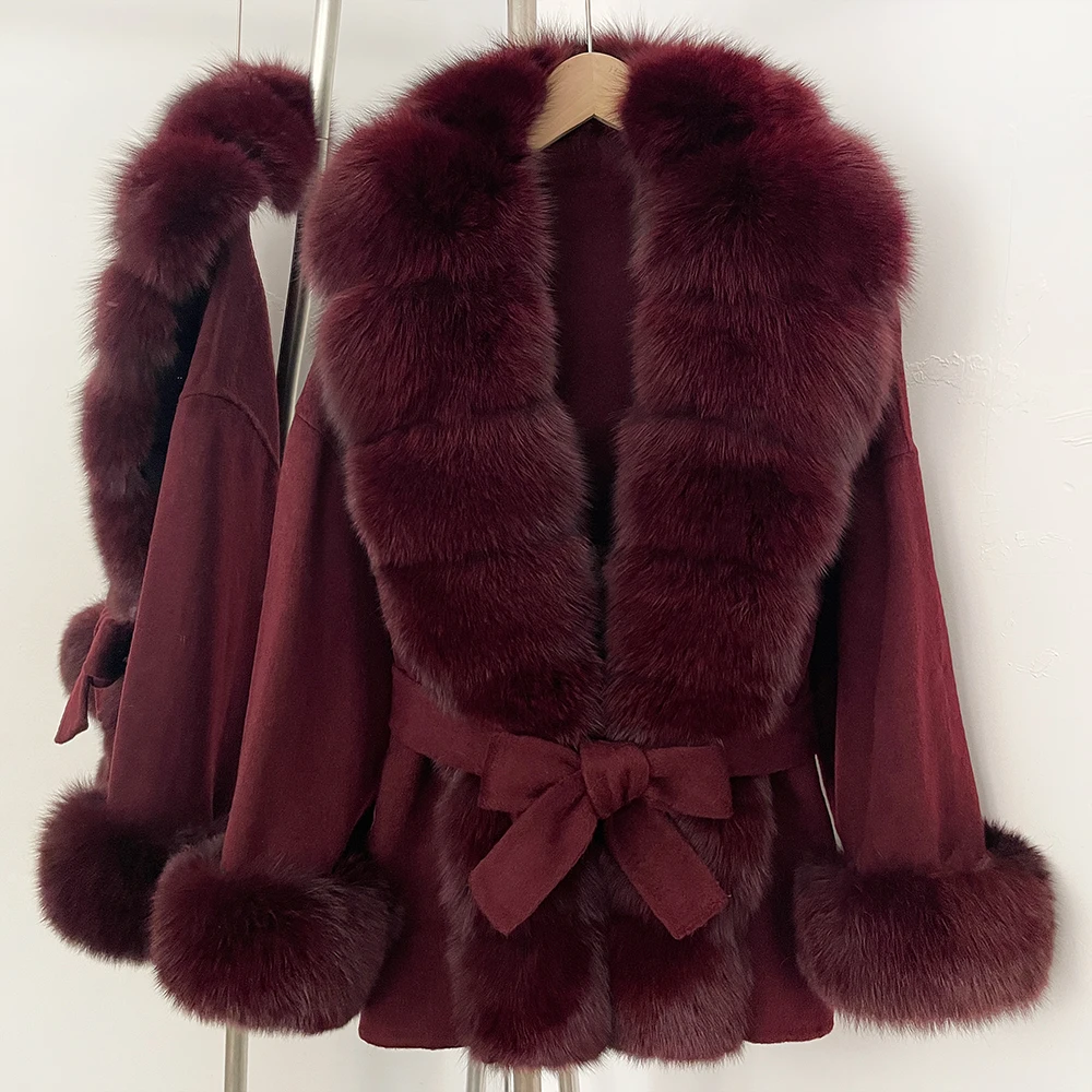 OFTBUY New Autumn Winter Top Clothes Big Real Fox Fur Pinnacle Woolen Coat Female Warm Natural Fox Fur Collar Wool Jacket Women