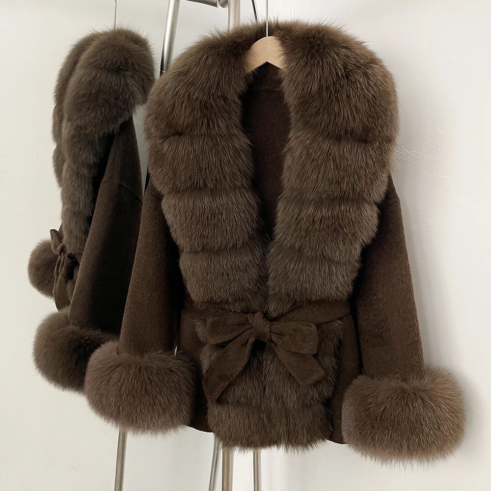 OFTBUY New Autumn Winter Top Clothes Big Real Fox Fur Pinnacle Woolen Coat Female Warm Natural Fox Fur Collar Wool Jacket Women