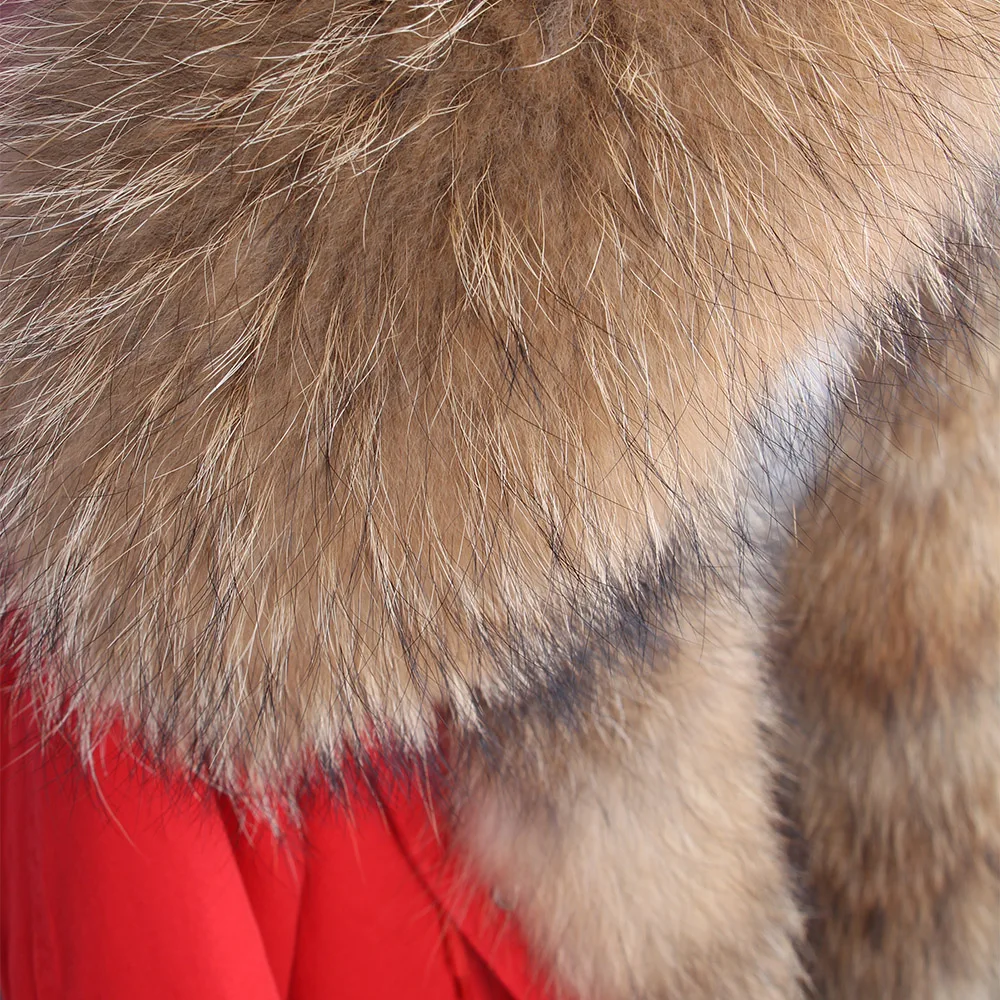 Maomaokong Women's Winter Coat with Natural Raccoon Fur Collar And Natural Rabbit Fur Lining in Red Army Green