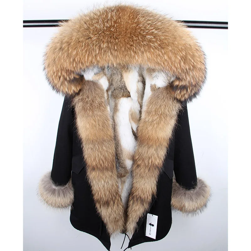 Maomaokong Women's Winter Coat with Natural Raccoon Fur Collar And Natural Rabbit Fur Lining in Red Army Green