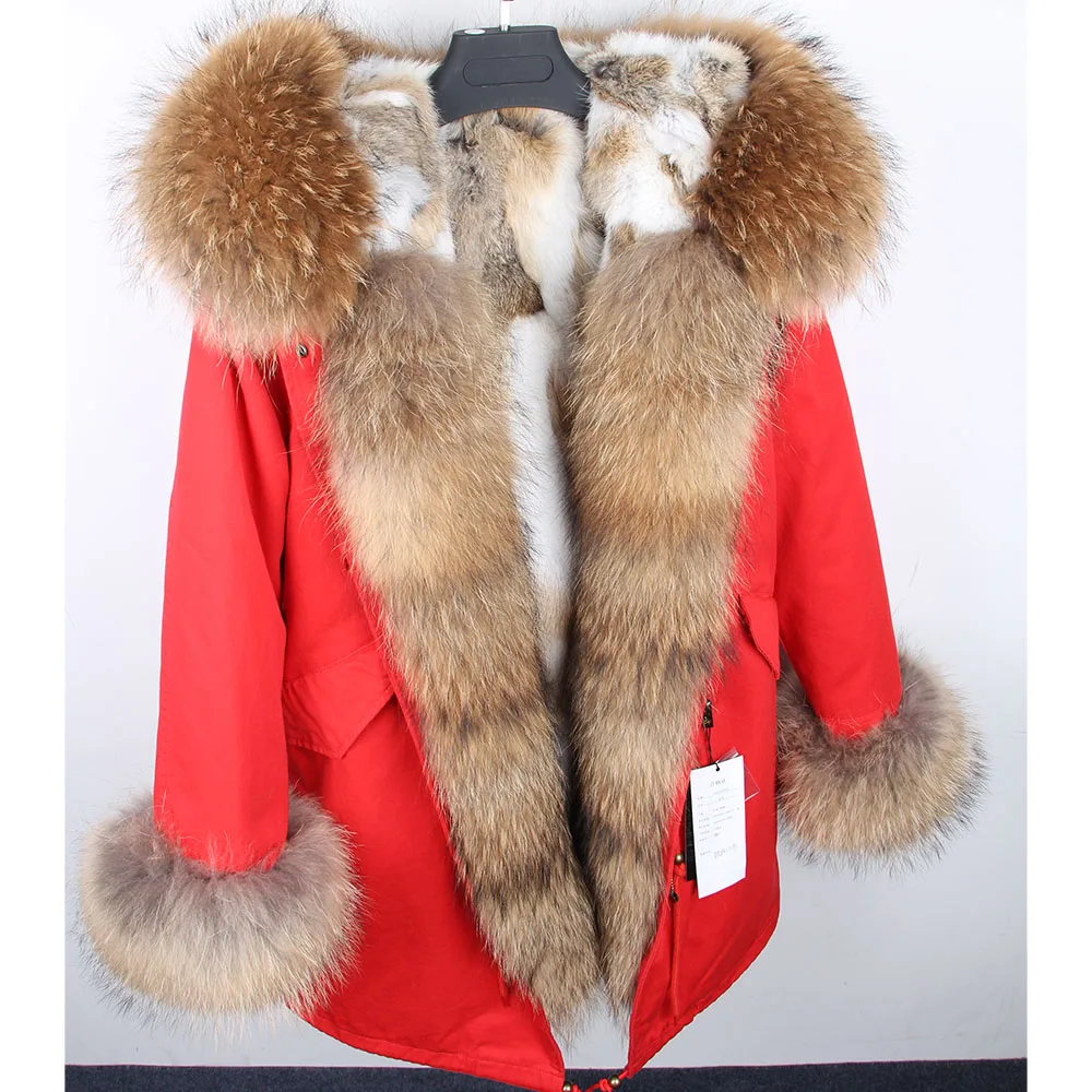 Maomaokong Women's Winter Coat with Natural Raccoon Fur Collar And Natural Rabbit Fur Lining in Red Army Green