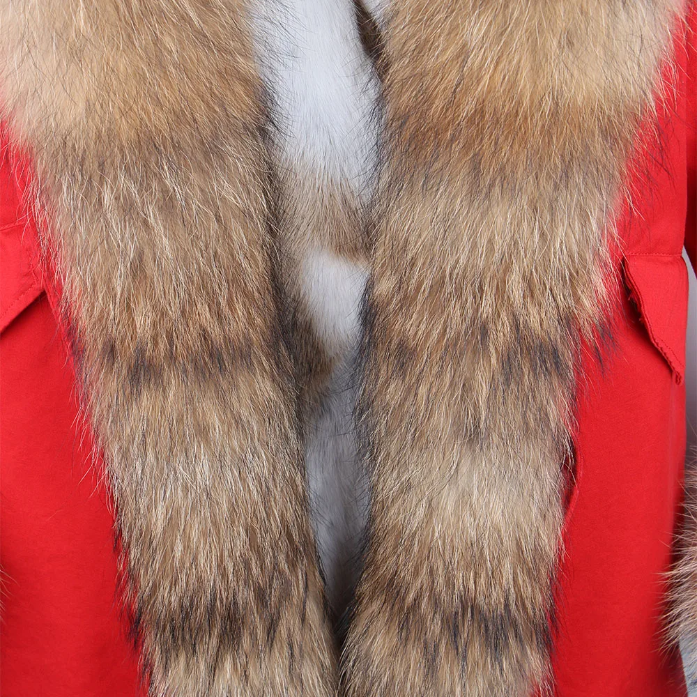 Maomaokong Women's Winter Coat with Natural Raccoon Fur Collar And Natural Rabbit Fur Lining in Red Army Green