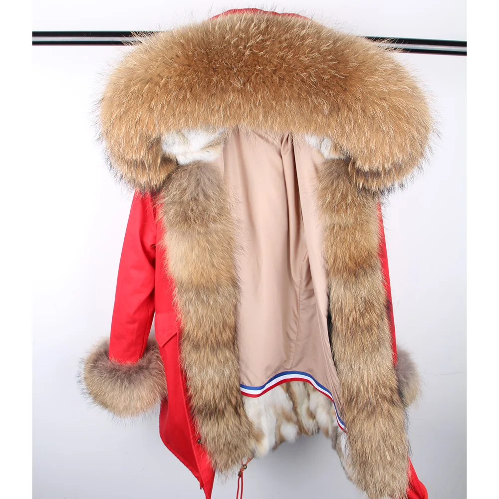 Maomaokong Women's Winter Coat with Natural Raccoon Fur Collar And Natural Rabbit Fur Lining in Red Army Green