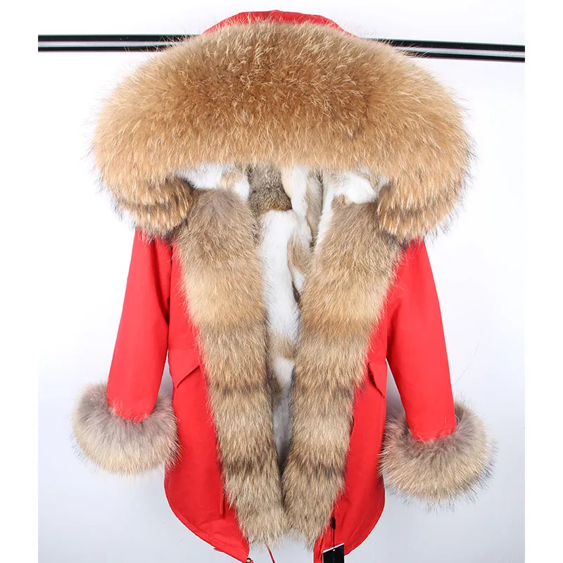 Maomaokong Women's Winter Coat with Natural Raccoon Fur Collar And Natural Rabbit Fur Lining in Red Army Green