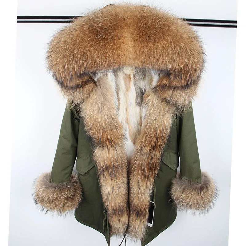 Maomaokong Women's Winter Coat with Natural Raccoon Fur Collar And Natural Rabbit Fur Lining in Red Army Green