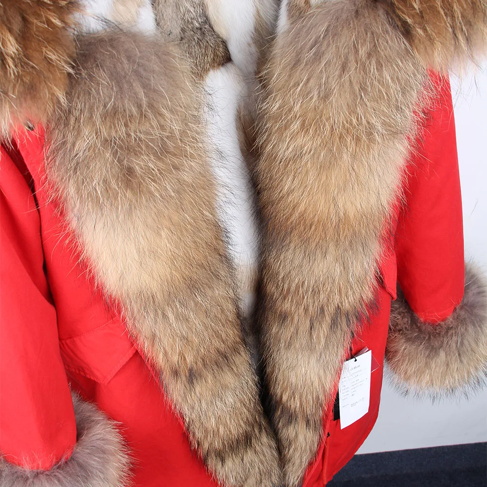Maomaokong Women's Winter Coat with Natural Raccoon Fur Collar And Natural Rabbit Fur Lining in Red Army Green