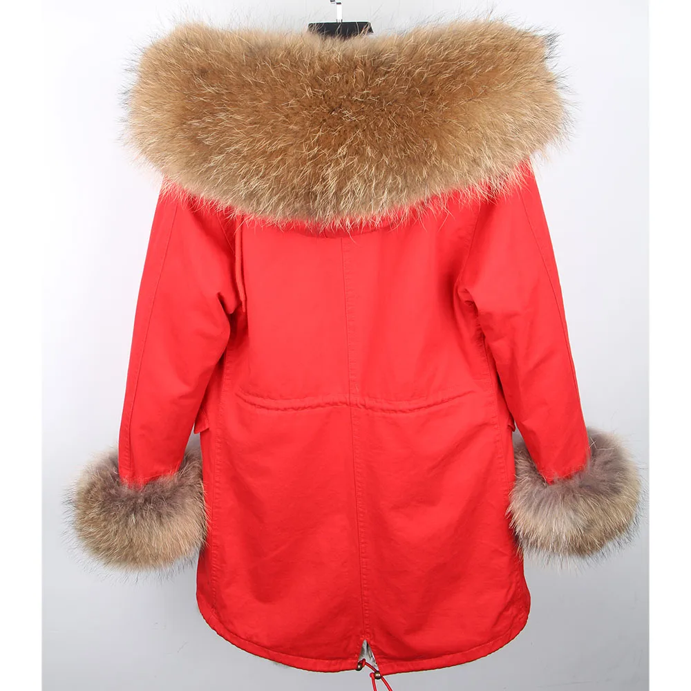Maomaokong Women's Winter Coat with Natural Raccoon Fur Collar And Natural Rabbit Fur Lining in Red Army Green