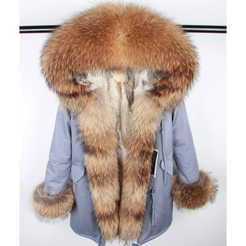 Maomaokong Women's Winter Coat with Natural Raccoon Fur Collar And Natural Rabbit Fur Lining in Red Army Green