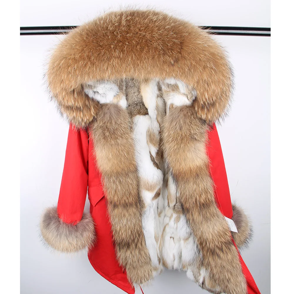 Maomaokong Women's Winter Coat with Natural Raccoon Fur Collar And Natural Rabbit Fur Lining in Red Army Green