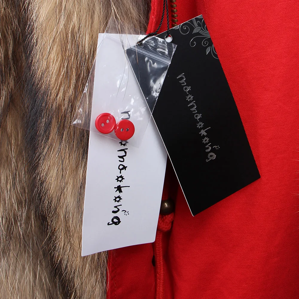 Maomaokong Women's Winter Coat with Natural Raccoon Fur Collar And Natural Rabbit Fur Lining in Red Army Green
