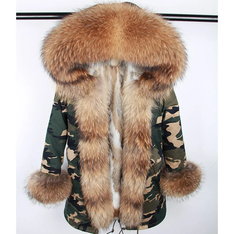 Maomaokong Women's Winter Coat with Natural Raccoon Fur Collar And Natural Rabbit Fur Lining in Red Army Green