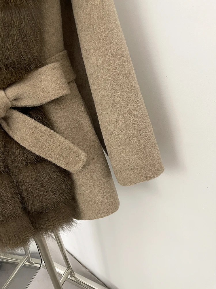 OFTBUY Belt Natural Fur Collar Woolen Jacket New Autumn Winter Clothes Women Long Big Fox Fur Pinnacle 100% Wool Coat Female