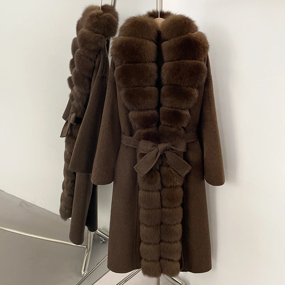 OFTBUY Belt Natural Fur Collar Woolen Jacket New Autumn Winter Clothes Women Long Big Fox Fur Pinnacle 100% Wool Coat Female