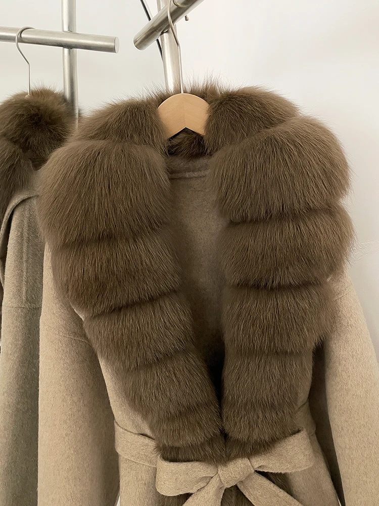 OFTBUY Belt Natural Fur Collar Woolen Jacket New Autumn Winter Clothes Women Long Big Fox Fur Pinnacle 100% Wool Coat Female