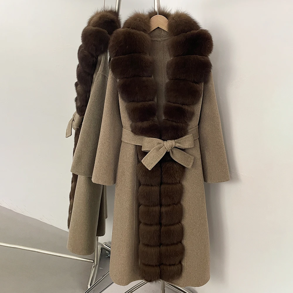 OFTBUY Belt Natural Fur Collar Woolen Jacket New Autumn Winter Clothes Women Long Big Fox Fur Pinnacle 100% Wool Coat Female