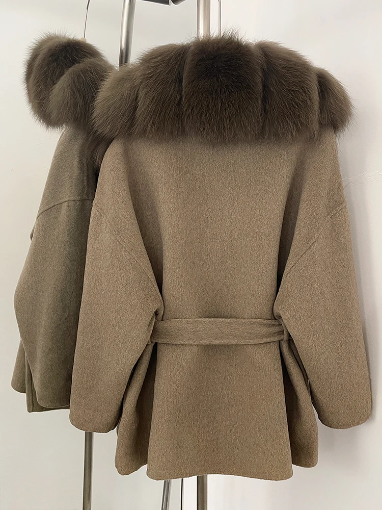 OFTBUY Belt Natural Fur Collar Woolen Jacket New Autumn Winter Clothes Women Long Big Fox Fur Pinnacle 100% Wool Coat Female