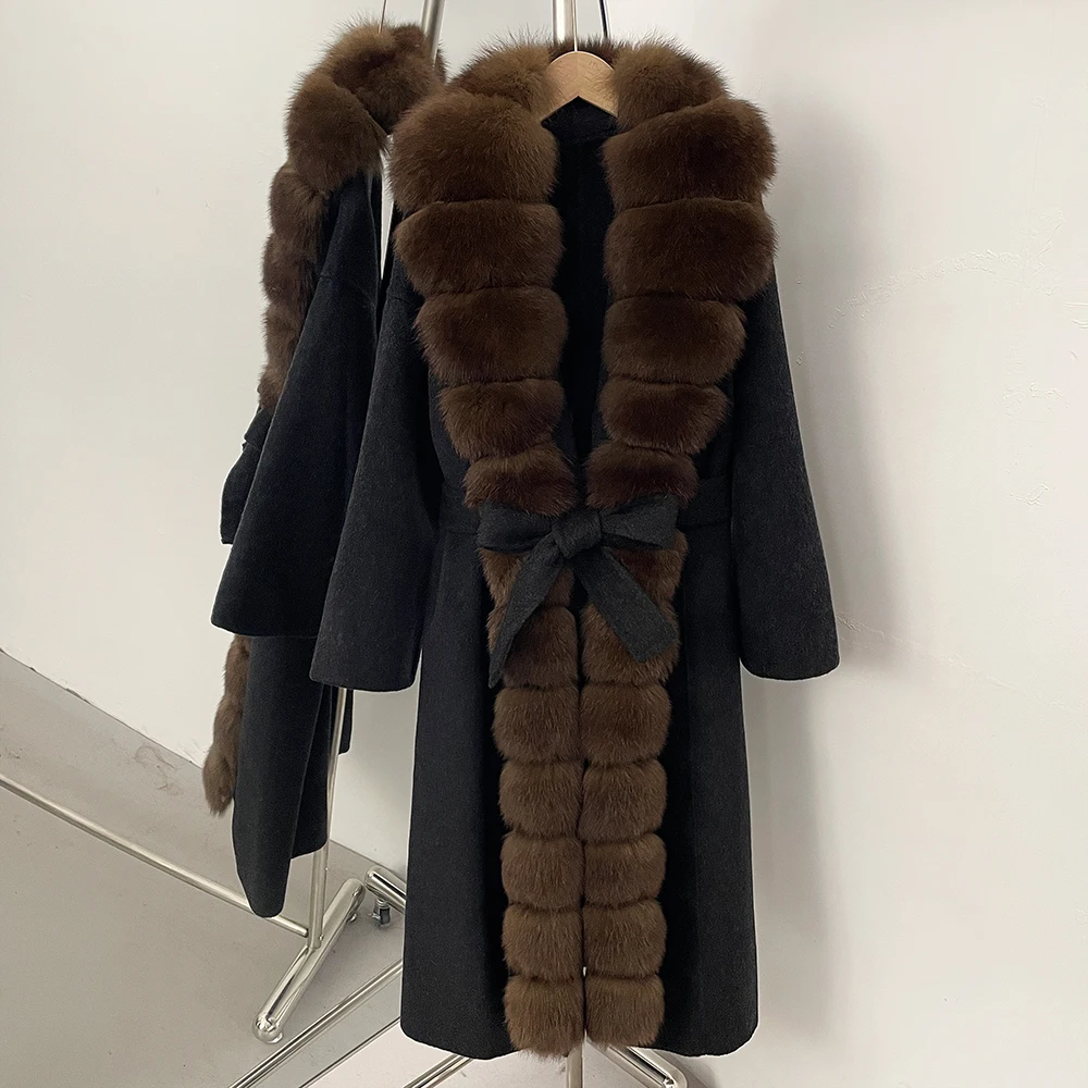 OFTBUY Belt Natural Fur Collar Woolen Jacket New Autumn Winter Clothes Women Long Big Fox Fur Pinnacle 100% Wool Coat Female