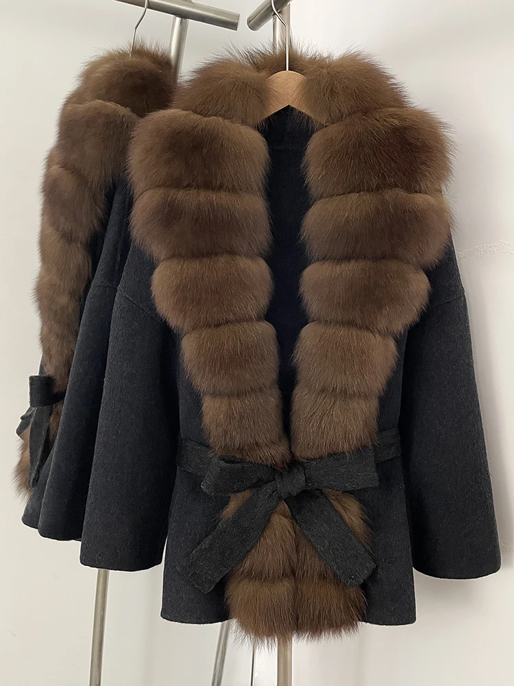 OFTBUY Belt Natural Fur Collar Woolen Jacket New Autumn Winter Clothes Women Long Big Fox Fur Pinnacle 100% Wool Coat Female