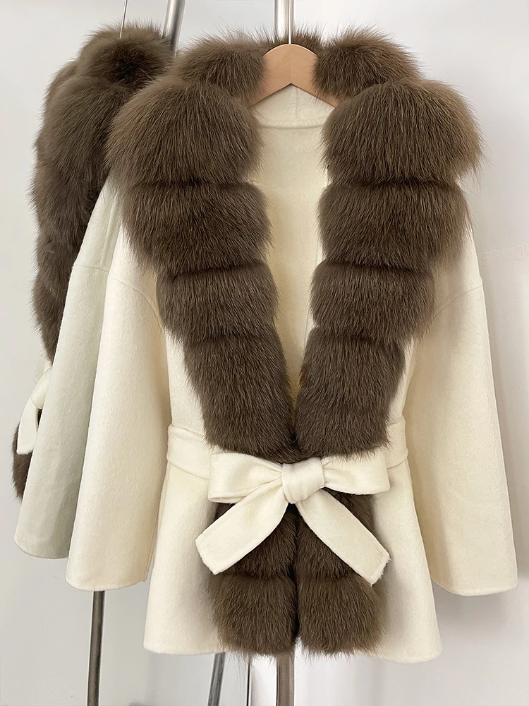 OFTBUY Belt Natural Fur Collar Woolen Jacket New Autumn Winter Clothes Women Long Big Fox Fur Pinnacle 100% Wool Coat Female