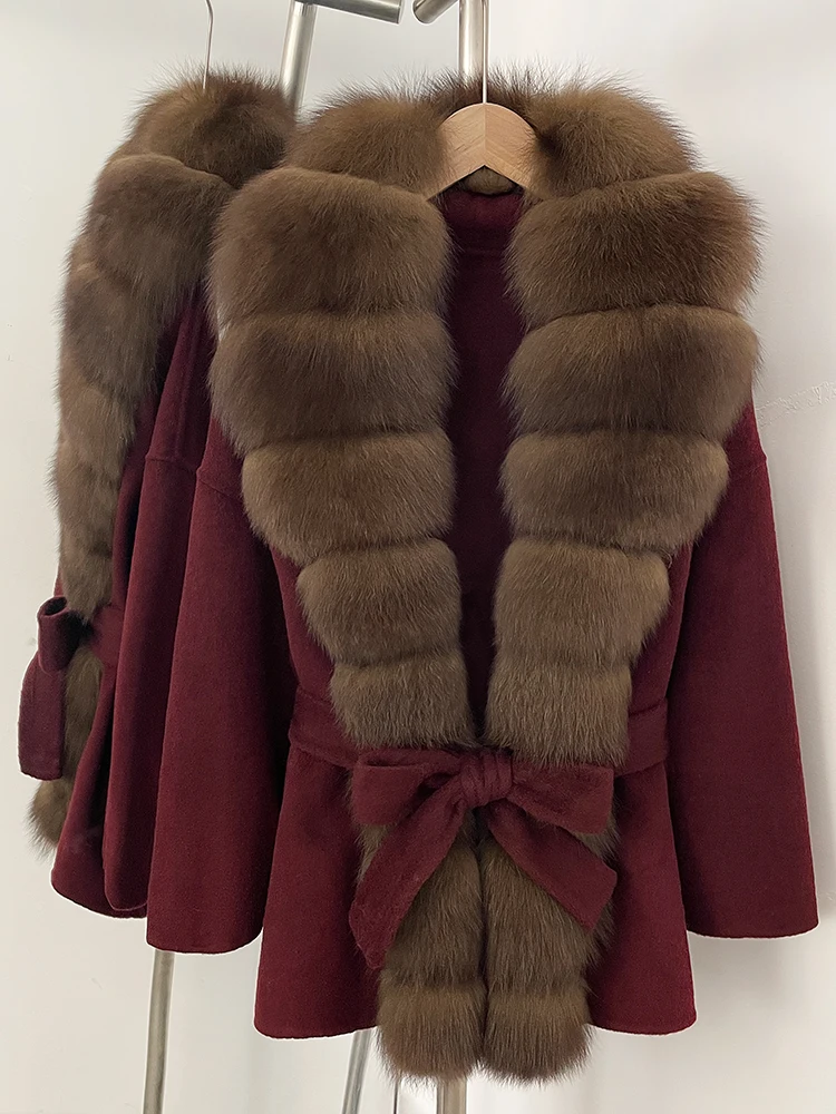 OFTBUY Belt Natural Fur Collar Woolen Jacket New Autumn Winter Clothes Women Long Big Fox Fur Pinnacle 100% Wool Coat Female