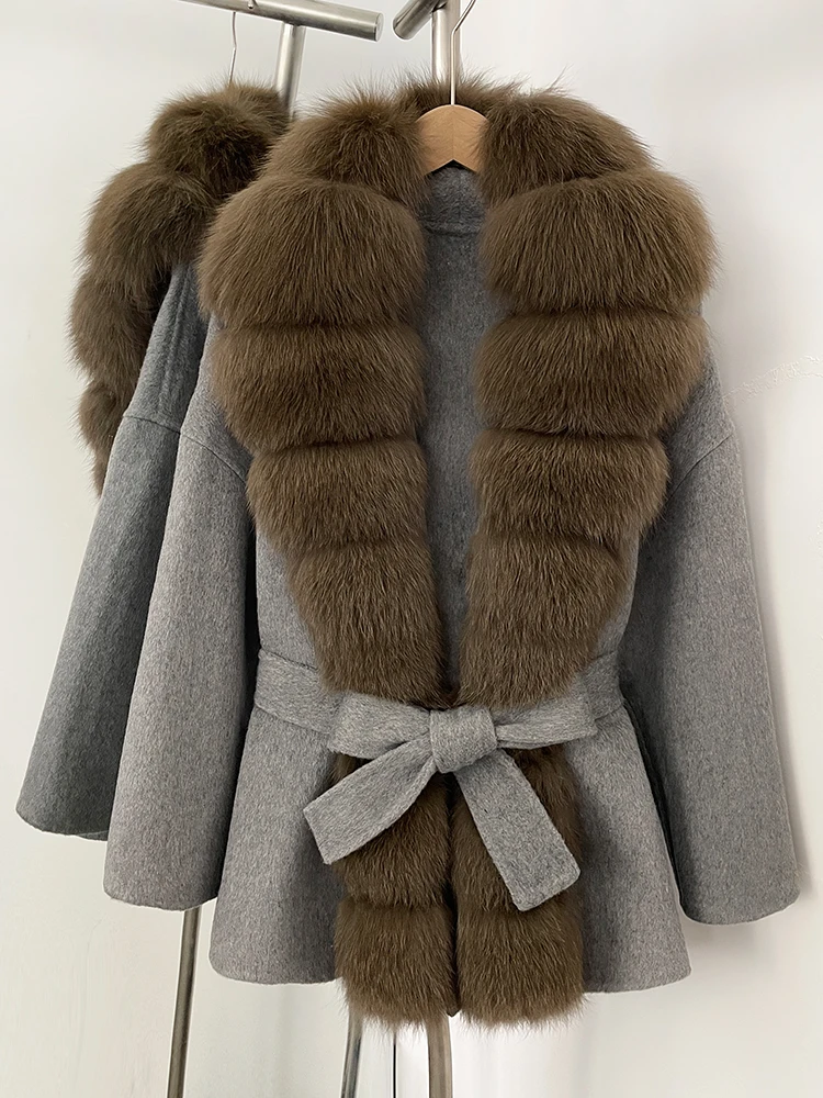 OFTBUY Belt Natural Fur Collar Woolen Jacket New Autumn Winter Clothes Women Long Big Fox Fur Pinnacle 100% Wool Coat Female