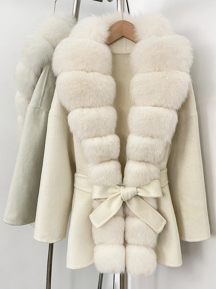 OFTBUY Belt Natural Fur Collar Woolen Jacket New Autumn Winter Clothes Women Long Big Fox Fur Pinnacle 100% Wool Coat Female