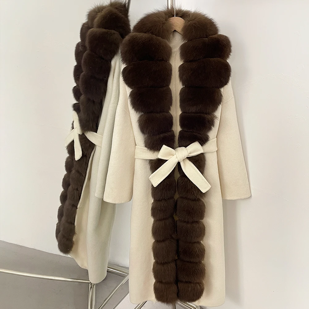 OFTBUY Belt Natural Fur Collar Woolen Jacket New Autumn Winter Clothes Women Long Big Fox Fur Pinnacle 100% Wool Coat Female