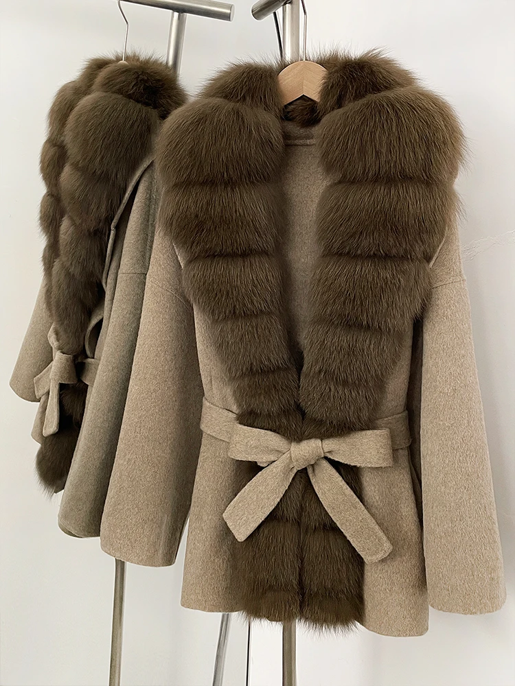 OFTBUY Belt Natural Fur Collar Woolen Jacket New Autumn Winter Clothes Women Long Big Fox Fur Pinnacle 100% Wool Coat Female