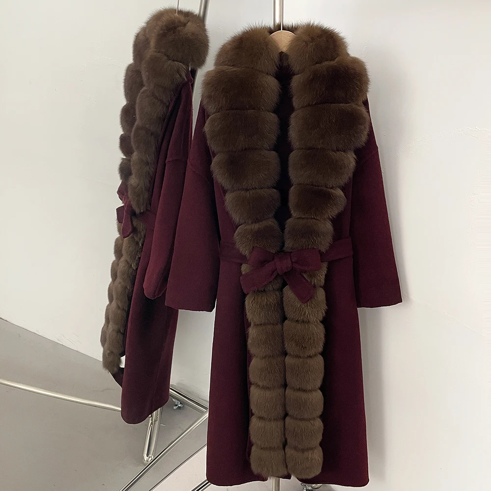 OFTBUY Belt Natural Fur Collar Woolen Jacket New Autumn Winter Clothes Women Long Big Fox Fur Pinnacle 100% Wool Coat Female