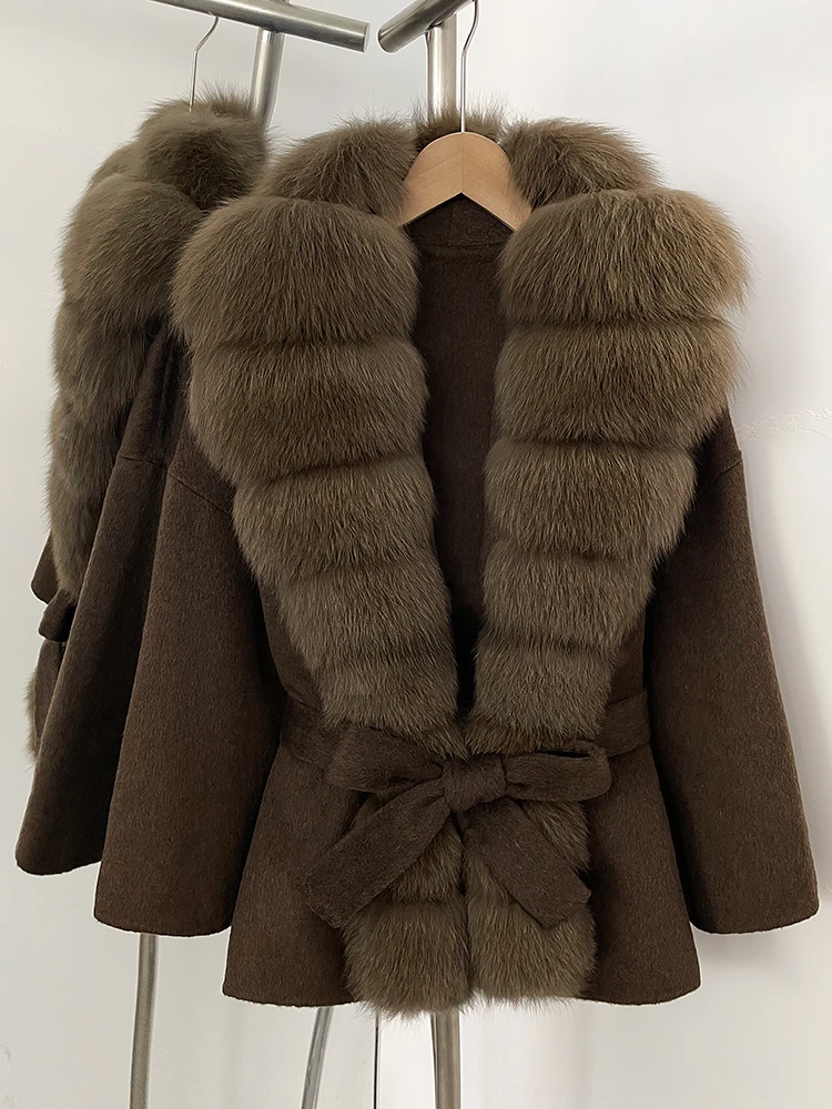 OFTBUY Belt Natural Fur Collar Woolen Jacket New Autumn Winter Clothes Women Long Big Fox Fur Pinnacle 100% Wool Coat Female