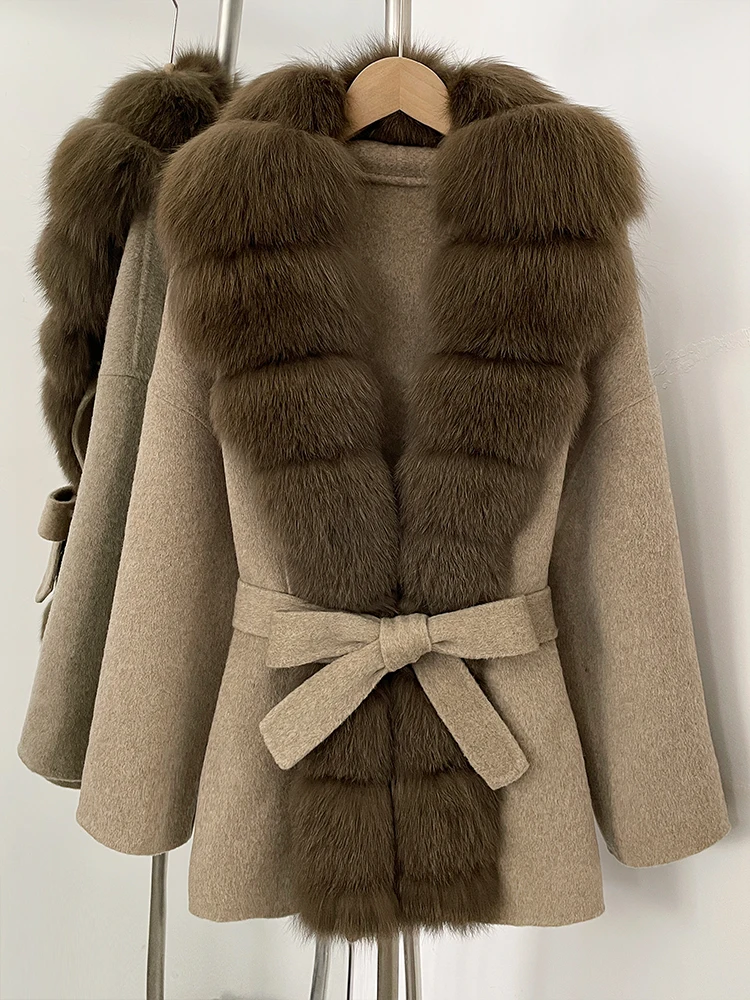 OFTBUY Belt Natural Fur Collar Woolen Jacket New Autumn Winter Clothes Women Long Big Fox Fur Pinnacle 100% Wool Coat Female