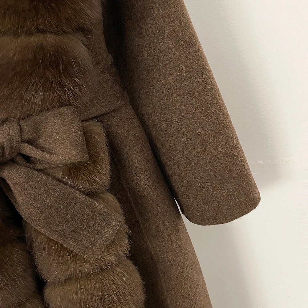 OFTBUY Belt Natural Fur Collar Woolen Jacket New Autumn Winter Clothes Women Long Big Fox Fur Pinnacle 100% Wool Coat Female