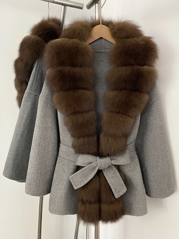 OFTBUY Belt Natural Fur Collar Woolen Jacket New Autumn Winter Clothes Women Long Big Fox Fur Pinnacle 100% Wool Coat Female