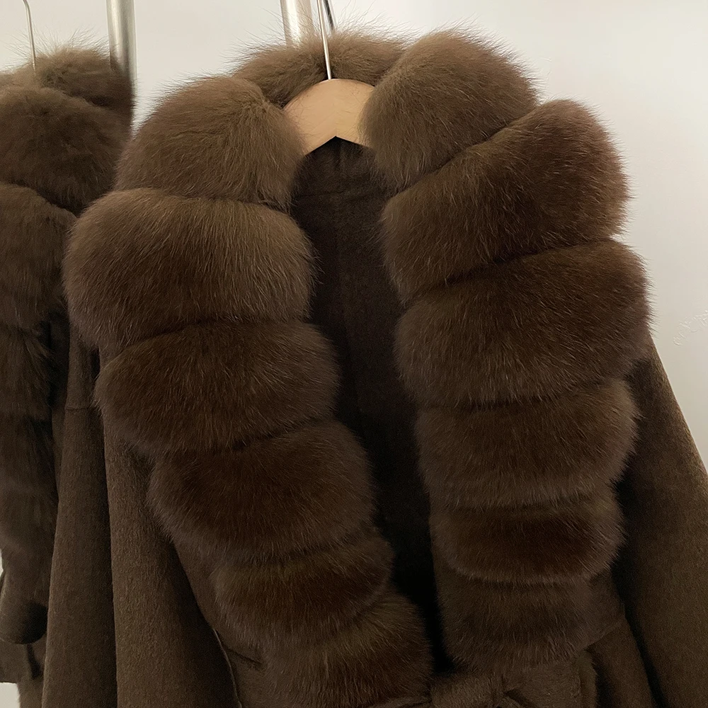 OFTBUY Belt Natural Fur Collar Woolen Jacket New Autumn Winter Clothes Women Long Big Fox Fur Pinnacle 100% Wool Coat Female