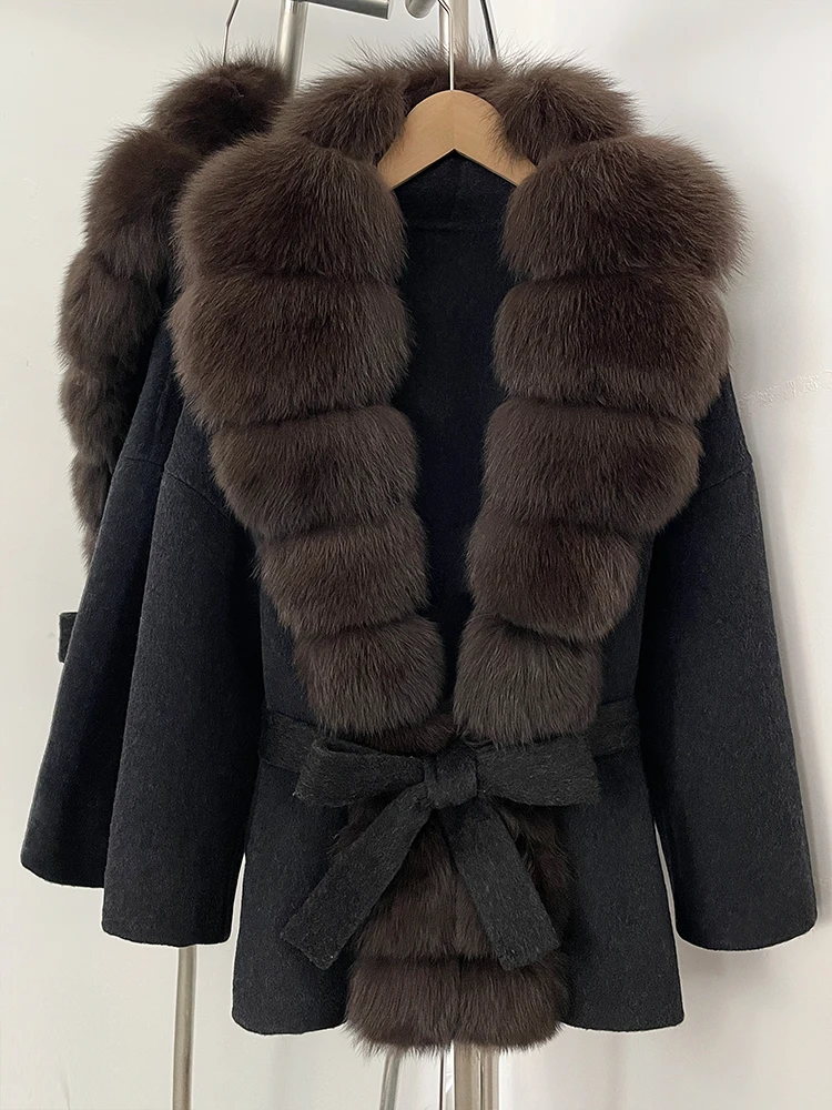 OFTBUY Belt Natural Fur Collar Woolen Jacket New Autumn Winter Clothes Women Long Big Fox Fur Pinnacle 100% Wool Coat Female