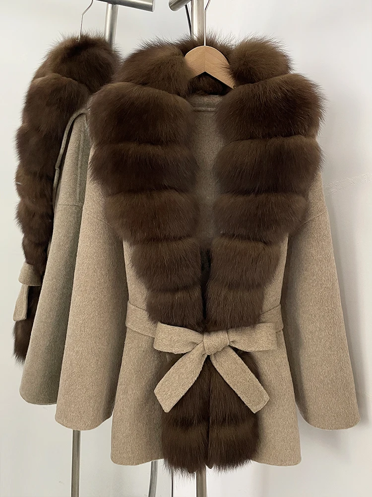 OFTBUY Belt Natural Fur Collar Woolen Jacket New Autumn Winter Clothes Women Long Big Fox Fur Pinnacle 100% Wool Coat Female