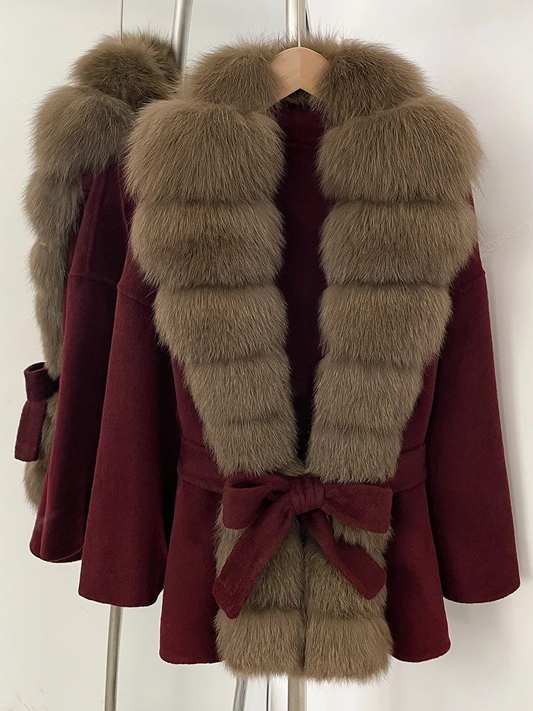 OFTBUY Belt Natural Fur Collar Woolen Jacket New Autumn Winter Clothes Women Long Big Fox Fur Pinnacle 100% Wool Coat Female
