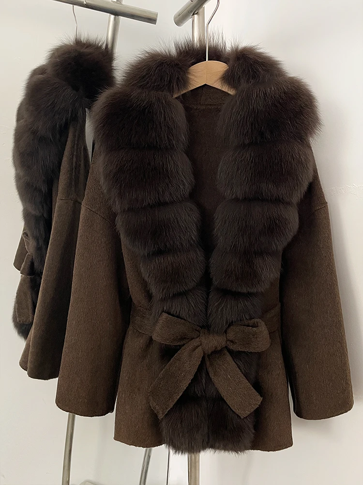 OFTBUY Belt Natural Fur Collar Woolen Jacket New Autumn Winter Clothes Women Long Big Fox Fur Pinnacle 100% Wool Coat Female
