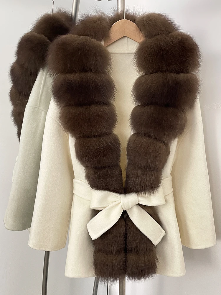 OFTBUY Belt Natural Fur Collar Woolen Jacket New Autumn Winter Clothes Women Long Big Fox Fur Pinnacle 100% Wool Coat Female