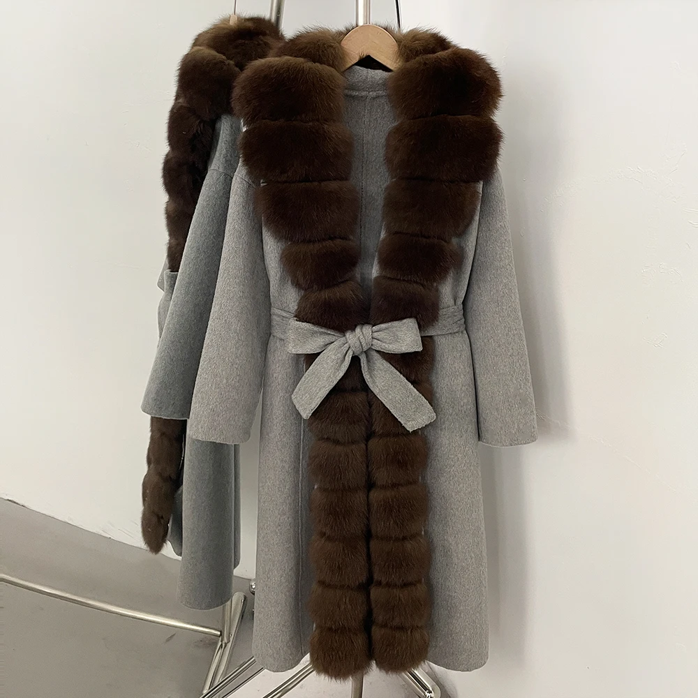 OFTBUY Belt Natural Fur Collar Woolen Jacket New Autumn Winter Clothes Women Long Big Fox Fur Pinnacle 100% Wool Coat Female