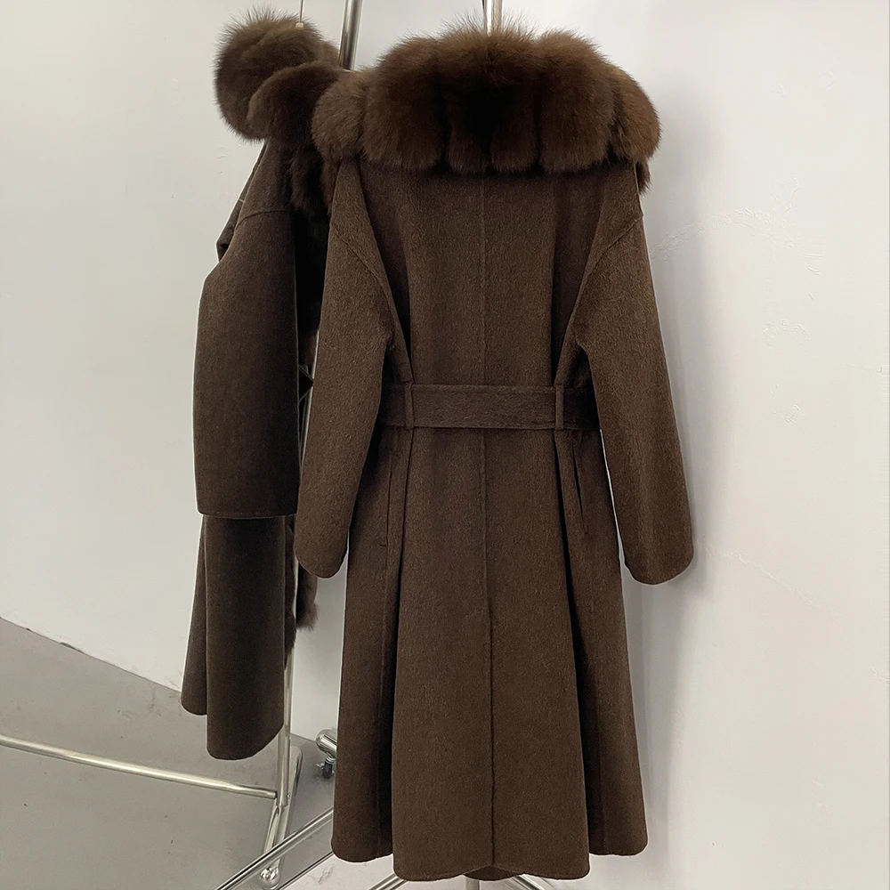 OFTBUY Belt Natural Fur Collar Woolen Jacket New Autumn Winter Clothes Women Long Big Fox Fur Pinnacle 100% Wool Coat Female