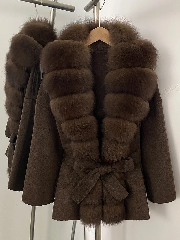 OFTBUY Belt Natural Fur Collar Woolen Jacket New Autumn Winter Clothes Women Long Big Fox Fur Pinnacle 100% Wool Coat Female