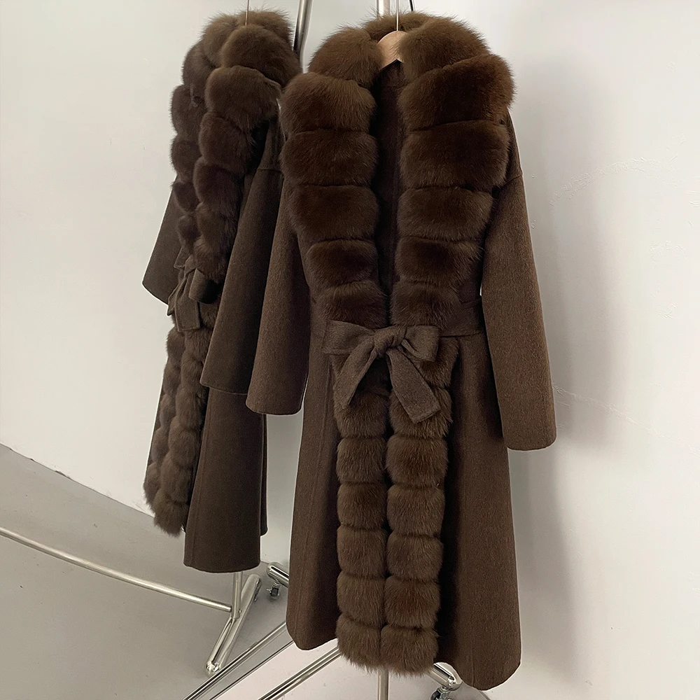 OFTBUY Belt Natural Fur Collar Woolen Jacket New Autumn Winter Clothes Women Long Big Fox Fur Pinnacle 100% Wool Coat Female