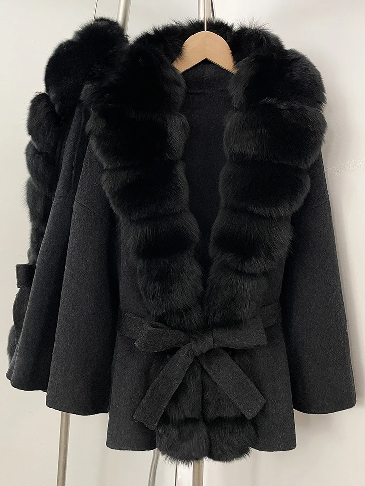 OFTBUY Belt Natural Fur Collar Woolen Jacket New Autumn Winter Clothes Women Long Big Fox Fur Pinnacle 100% Wool Coat Female