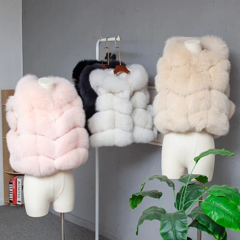 Women's Natural Fox Fur Vest Winter Warm Thick Fashion Hooded Genuine Sheepskin Real Fur Short Outerwear for Ladies