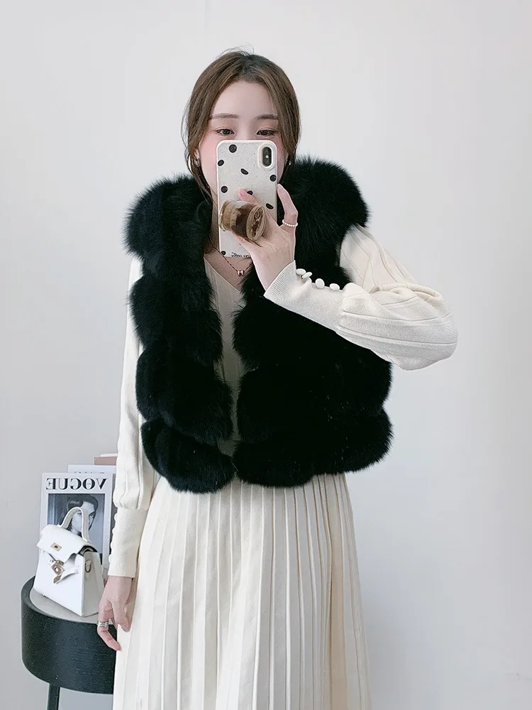 Women's Natural Fox Fur Vest Winter Warm Thick Fashion Hooded Genuine Sheepskin Real Fur Short Outerwear for Ladies