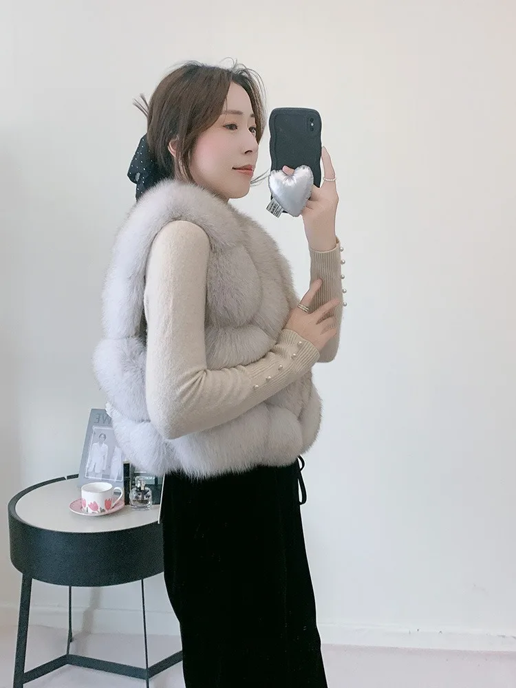 Women's Natural Fox Fur Vest Winter Warm Thick Fashion Hooded Genuine Sheepskin Real Fur Short Outerwear for Ladies